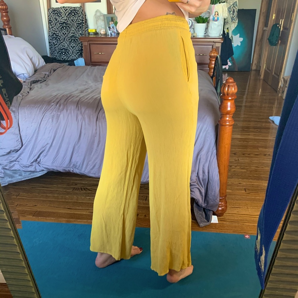 Yellow Flowy Drawstring Waist Beach Pants